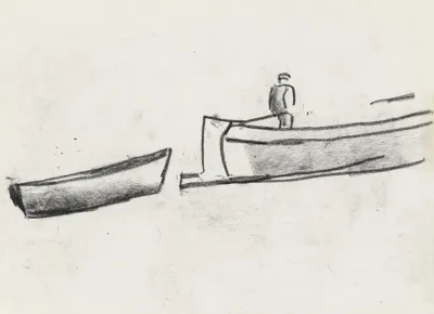 Schetsblad Met Een Schip Met Een Man Aan Boord
