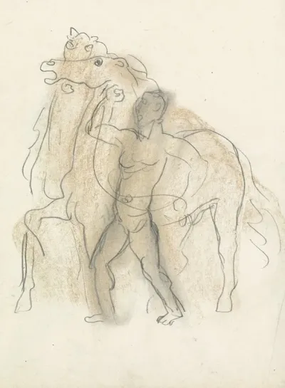 Schetsblad Met Man Die Twee Paarden In Bedwang Houdt
