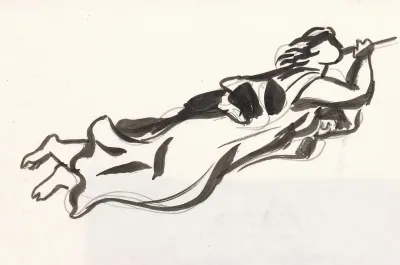 Schetsblad Met Zwevende Vrouw Met Trompet