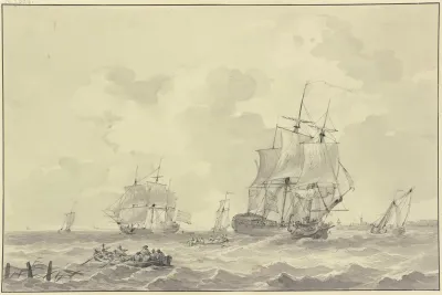 Schiffe Bei Bewegter See Eines Lost Eine Kanone Vorne Zwei Ruderboote