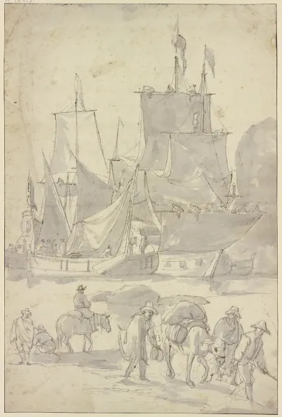 Schiffe Im Hafen Vorne Drei Manner Mit Einem Beladenen Esel Nach Rechts