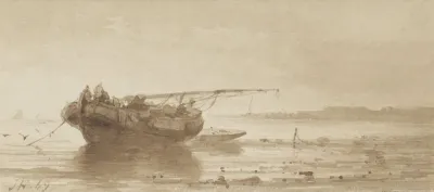 Schip Met Gestreken Zeil Op Een Rivier