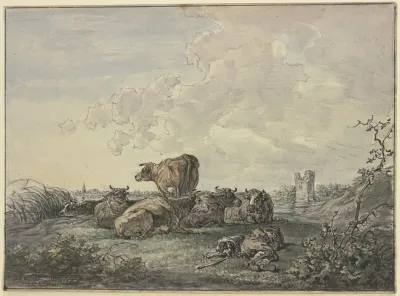 Schlafender Hirte Und Rinderherde In Einer Landschaft