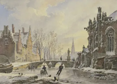 Schlittschuhlaufer Auf Einer Gracht In Amsterdam