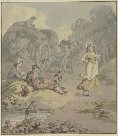 Schnitter Und Schnitterin Bei Einem Erntewagen Rastend Vor Ihnen Ein Junges Madchen Das Zum Flotenspiel Des Schnitters Tanzt