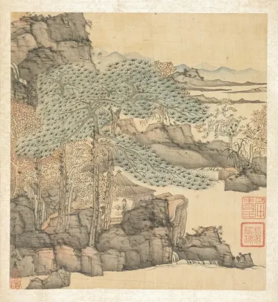 Scholar Reading In A Thatched Hut By A Waterfall