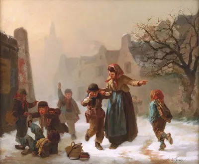 School Children Play Fighting In The Snow