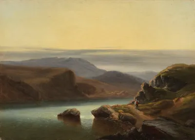 Schottische Landschaft Mit Fischer Am Ufer