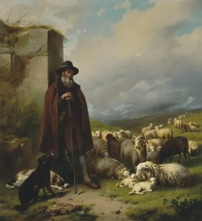 Scottish Shepherd With His Flock