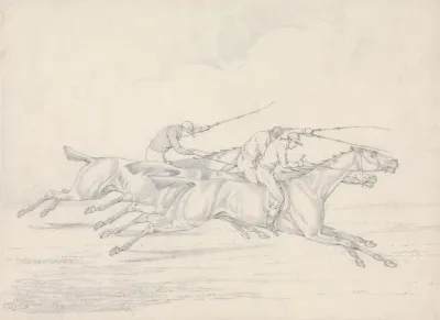 Scraps No 17 Racing Three Horses With Jockeys Up Galloping To Right