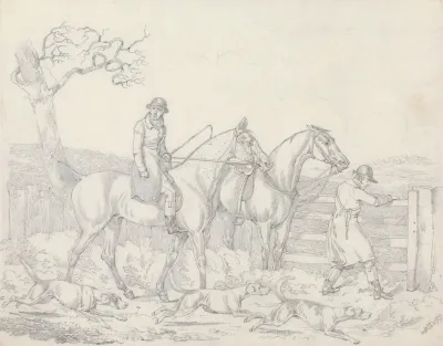 Scraps No 24 Hunting Ttwo Riders One Opening A Gate For Hounds