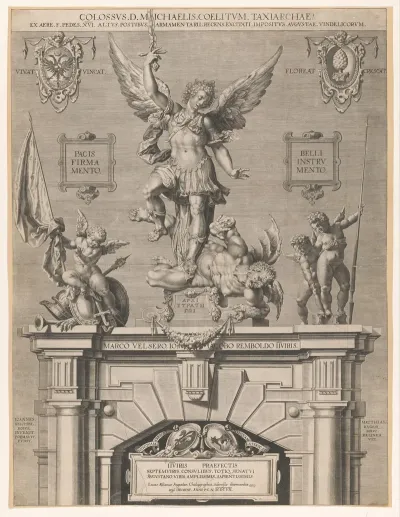 Sculpture Of The Archangel Michael Above The Entrance To The Arsenal In Augsburg