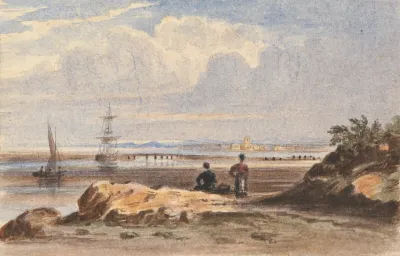 Seashore With Two Figures And A Distant Town