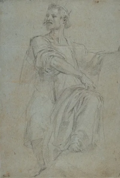 Seated Crowned Male Figure Holding A Book Or Scroll