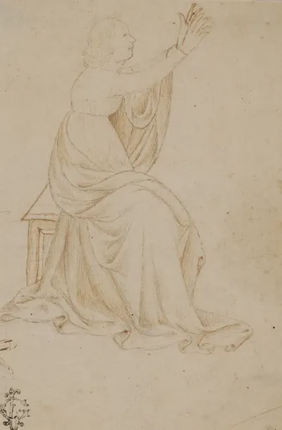 Seated Female Figure With Upraised Arms Facing Right