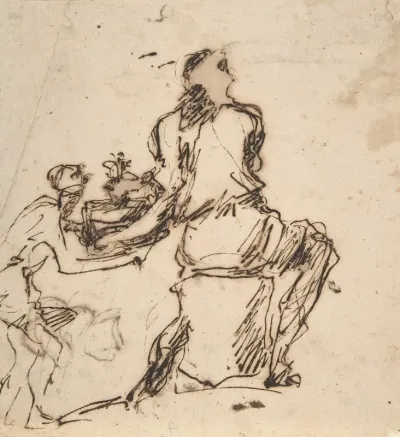 Seated Figure Receiving An Object Presented By A Smaller Figure