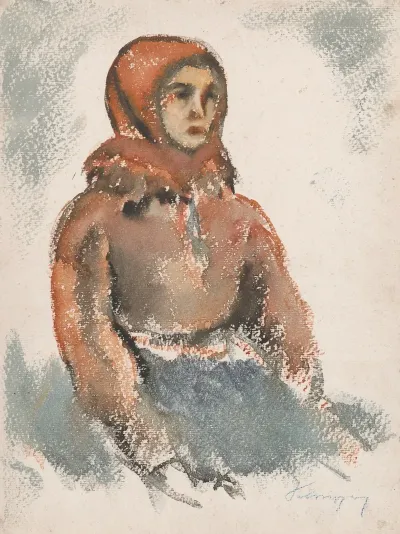 Seated Girl With A Red Woolen Scarf