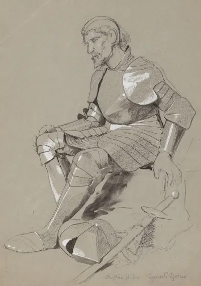 Seated Knight In Armour With A Sword And A Helmet Lying At His Feet