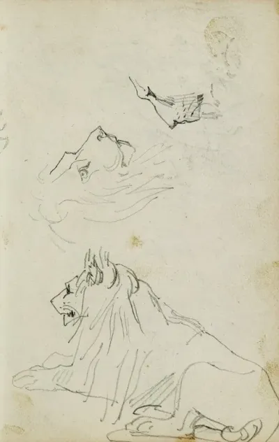 Seated Lion Two Lion Head Studies