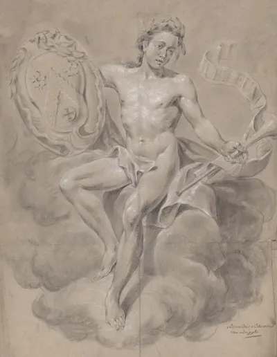 Seated Male Nude With Coat Of Arms And Trumpet 2