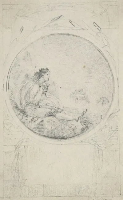 Seated Man In Circular Medallion Design For A Book Illustration