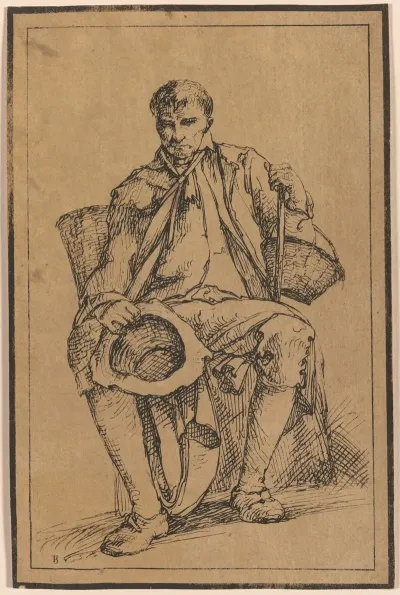Seated Man With Baskets Holding Hat And Walking Stick
