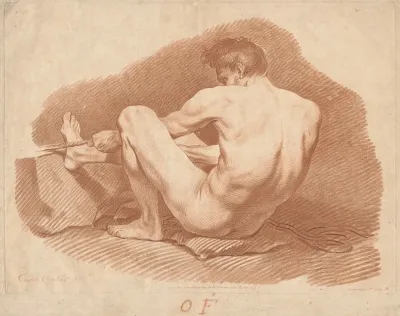 Seated Nude Man Seen From Behind Pulling A Rope