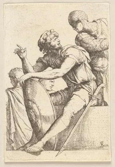 Seated Soldier With Shield And Two Other Figures