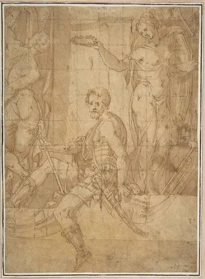 Seated Warrior Between Two Figures