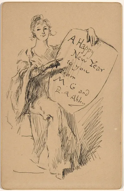 Seated Woman Holding A Shield A Happy New Year To You From M G And E A Abbey