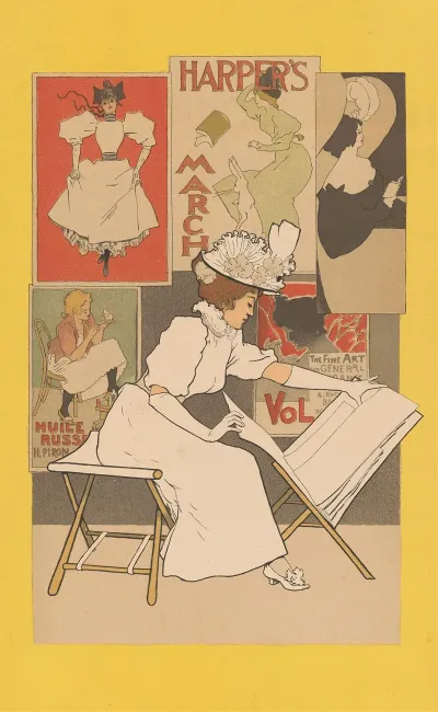 Seated Woman Looks At Prints In A Print Stand