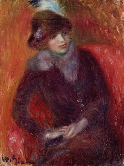Seated Woman With Fur Neckpiece And Red Background