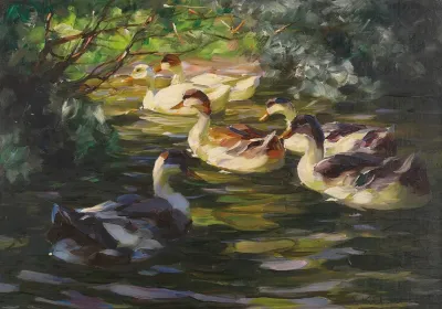 Sechs Enten Auf Dem Wasser Unter Uferstrauchern