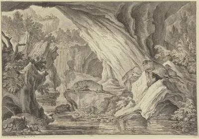 Sechs Fischotter In Einer Felsenhohle Am Wasser