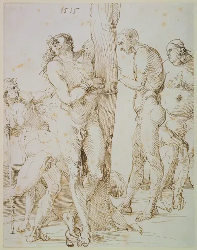 Sechs Nackte Figuren In Der Mitte Ein An Einen Baum Gefesselter Mann