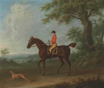 Sedbury With Jockey Up And A Greyhound In An Extensive Wooded Landscape With Two Country Houses Beyond