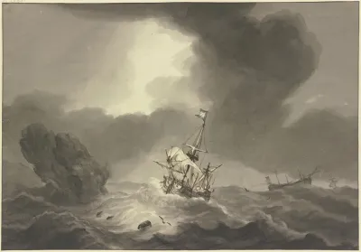 Seesturm Rechts Ein Entmastetes Schiff Links Ein Felsen An Welchem Ein Schiff Vorbeisegelt