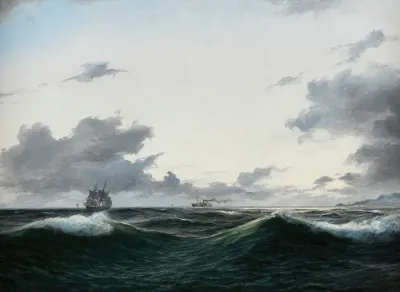Segelschiff Und Besegelter Dampfer Auf See Vor Einer Kuste