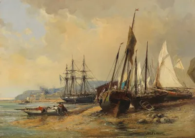Segelschiffe Und Fischerboote Am Bretonischen Strand