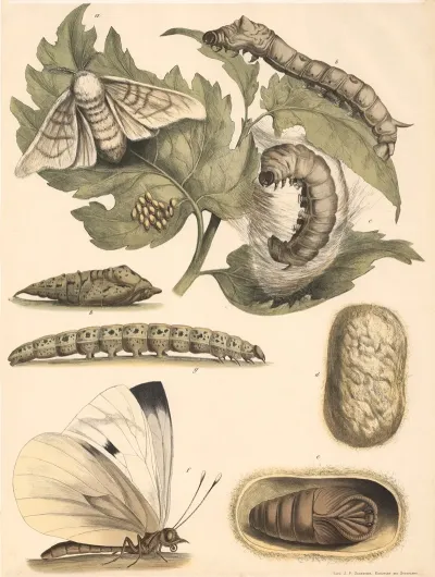 Seidenspinner Bombyx Mori Stark Vergrossert A Schmetterling B Raupe C Raube Mit Gespinnst D Eingesponnene Puppe Cocon