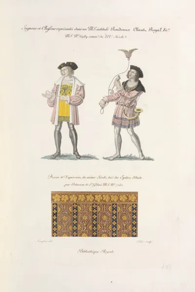 Seigneur Et Chasseur Representes Dans Un Ms Intitule Rondeaux Chant Royal Ca Ms No 6989 Commt Du Xvie Siecle