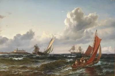 Sejlskibe Og Fiskerbad I Sundet Ud For Kronborg
