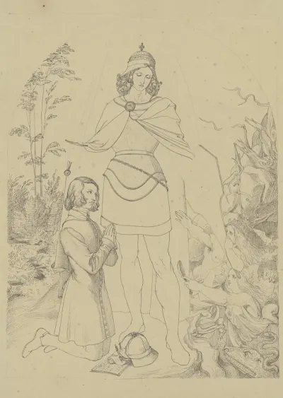 Selbstbildnis Des Kunstlers In Abentung Des Heiligen Michael Der Diesen Vor Den Von Rechts Andrangenden Versuchungen Schutzt