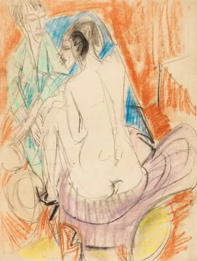 Selbstportrat Mit Gerda Mann Und Sitzende Im Atelier