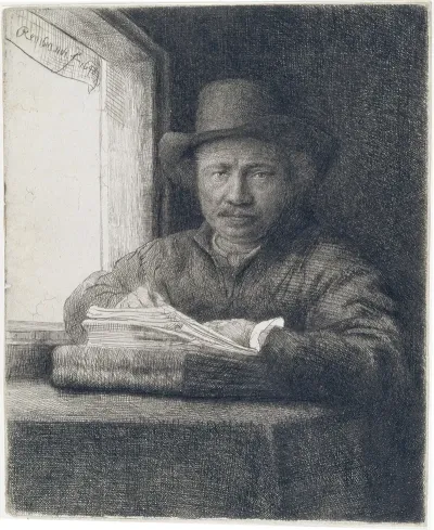 Self Portrait Etching At A Window