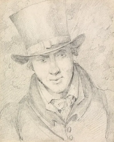 Self Portrait Full Face Looking Downwards To Right Wearing A Top Hat