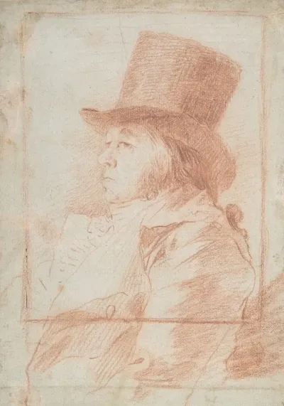 Self Portrait Goya Wearing A Top Hat Facing Left Within A Drawn Frame