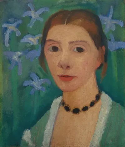 Self Portrait In Front Of A Green Background With A Blue Iris