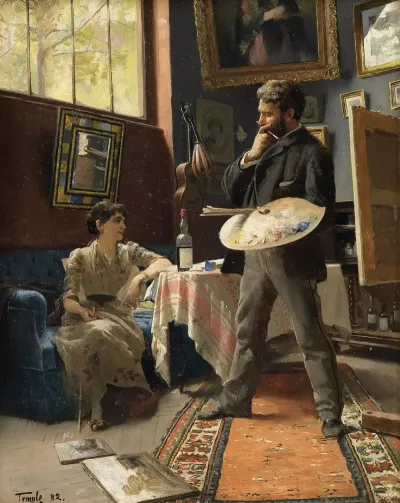 Self Portrait Of Hans Temple In The Studio With A Model