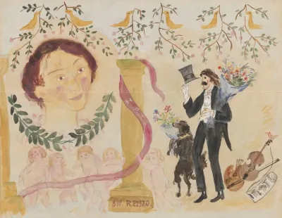 Self Portrait Of Painter With A Bunch Of Flowers And Dog
